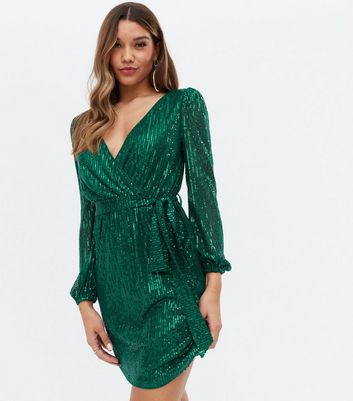 Little Mistress Dark Green Sequin Belted Mini Wrap Dress | New Look
